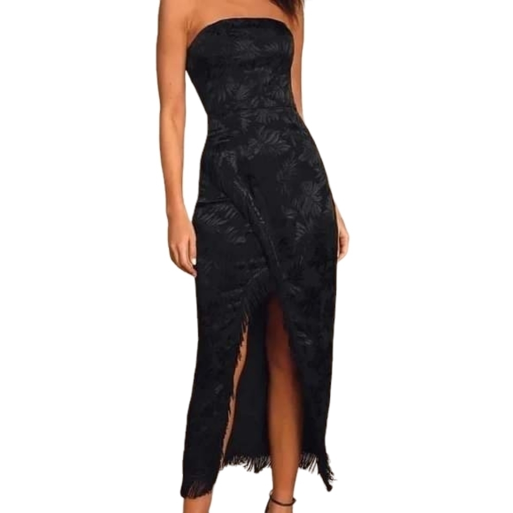 Lulus Ignite My Love Black Floral Embossed Strapless Fringe Midi Dress L‎